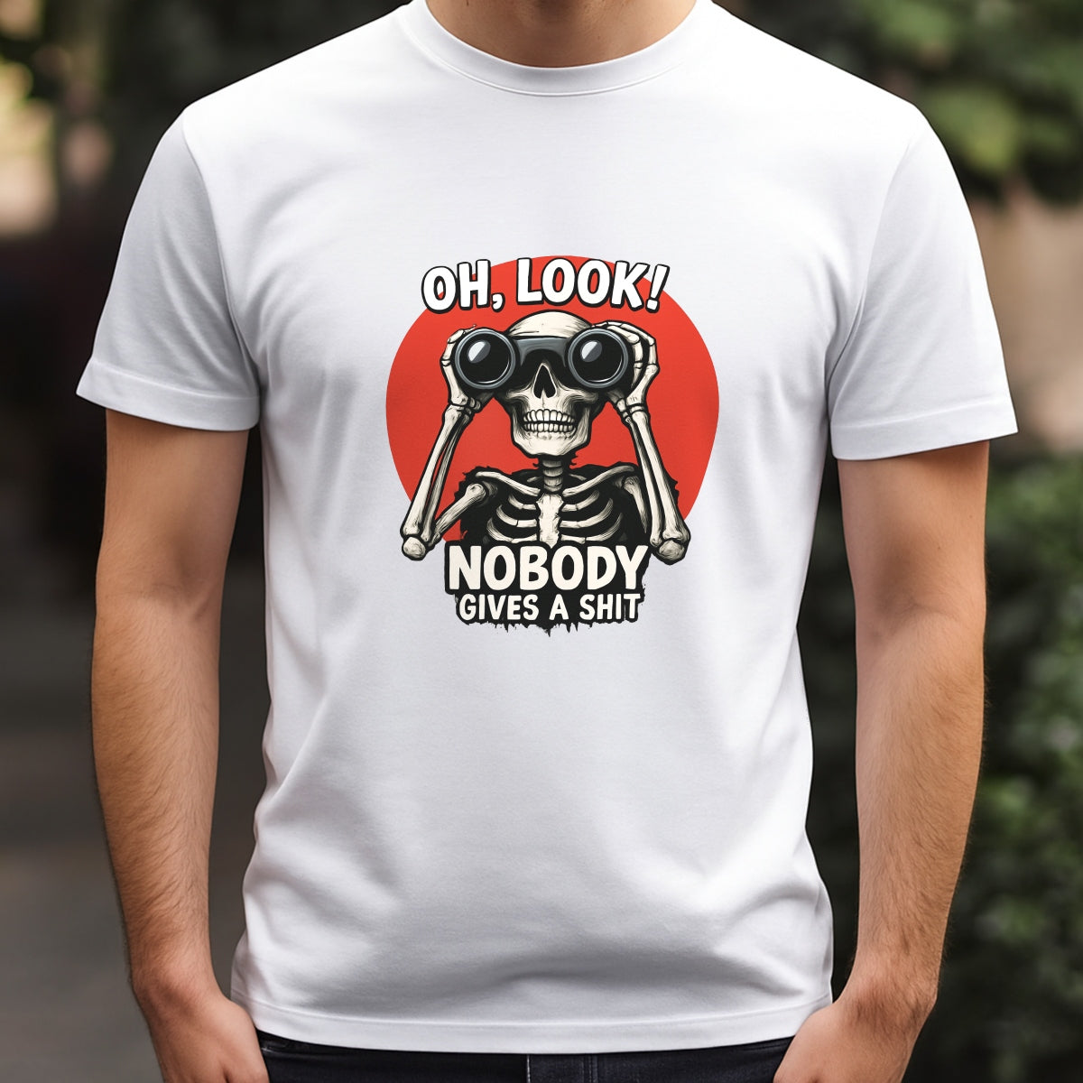 DTF Heat Transfer Iron On Sticker, Sarcastic Skull with Binoculars Graphic, for Edgy Apparel and Humor Driven Merch
