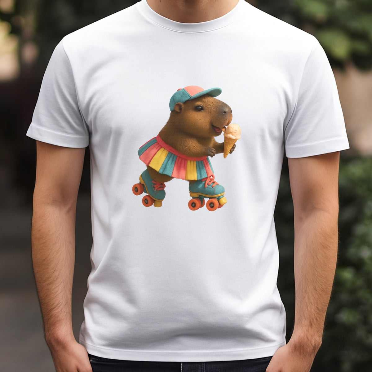 DTF Heat Transfer Iron On Sticker, Cute Capybara With Roller Skates & Ice Cream Graphic, For Fun Loving Apparel And Playful Decor