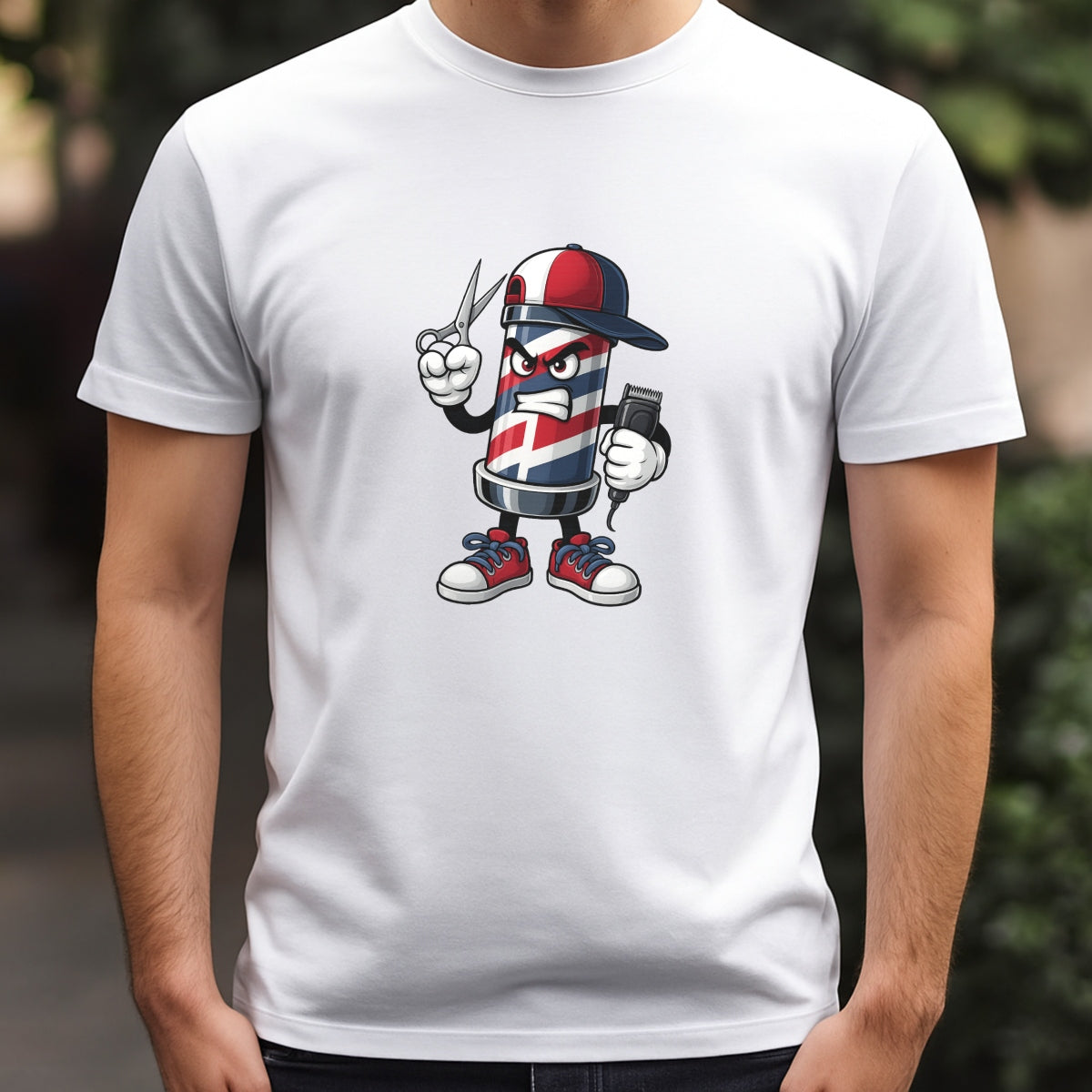 DTF Heat Transfer Iron On Sticker, Barber Pole Cartoon Character Graphic, for Barber Shop Apparel and Hairdresser Merch
