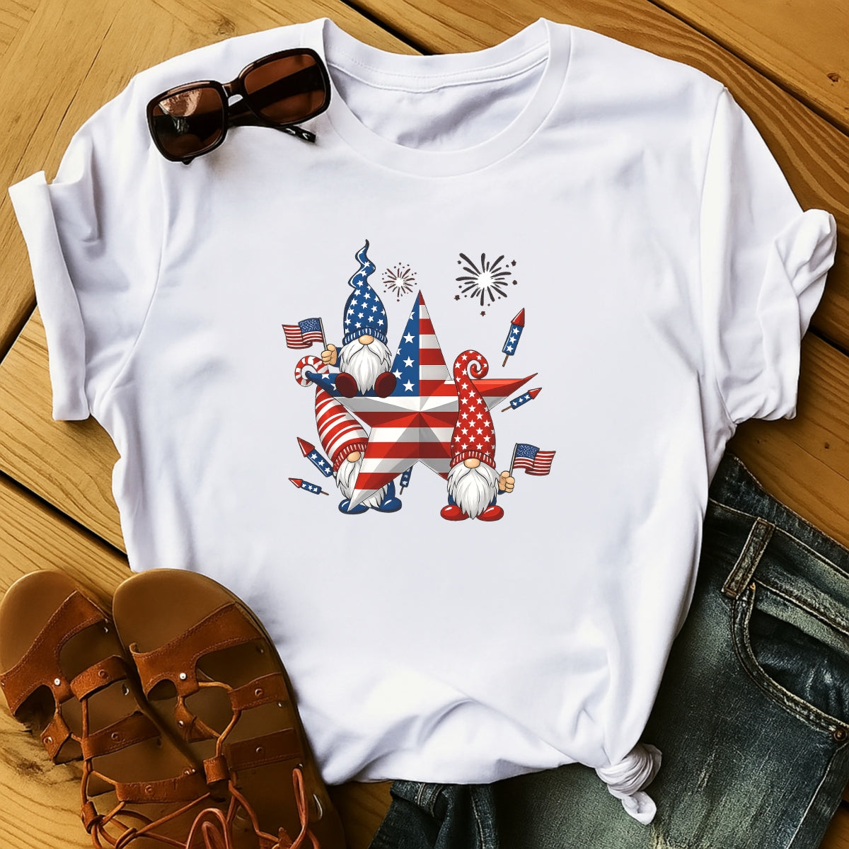 DTF Heat Transfer Iron On Sticker, Patriotic Gnome 4th of July Graphic, for Independence Day Apparel and Celebration Decor