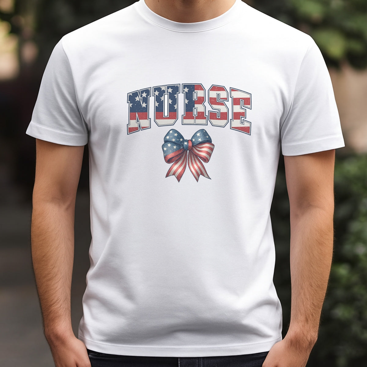 DTF Heat Transfer Iron On Sticker, Patriotic Nurse American Flag Bow Design, for Nurse Apparel and Patriotic Medical Merch