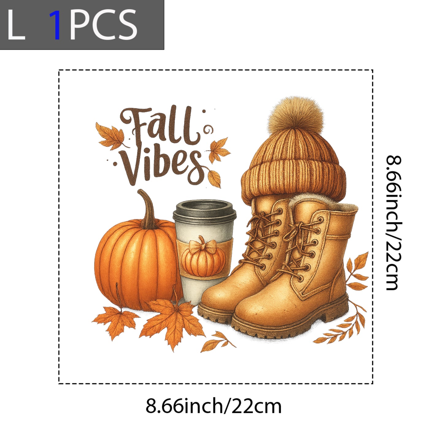 DTF Heat Transfer Iron On Sticker, Fall Vibes with Pumpkin, Boots & Coffee Design, for Autumn, Themed Apparel & Seasonal Decor