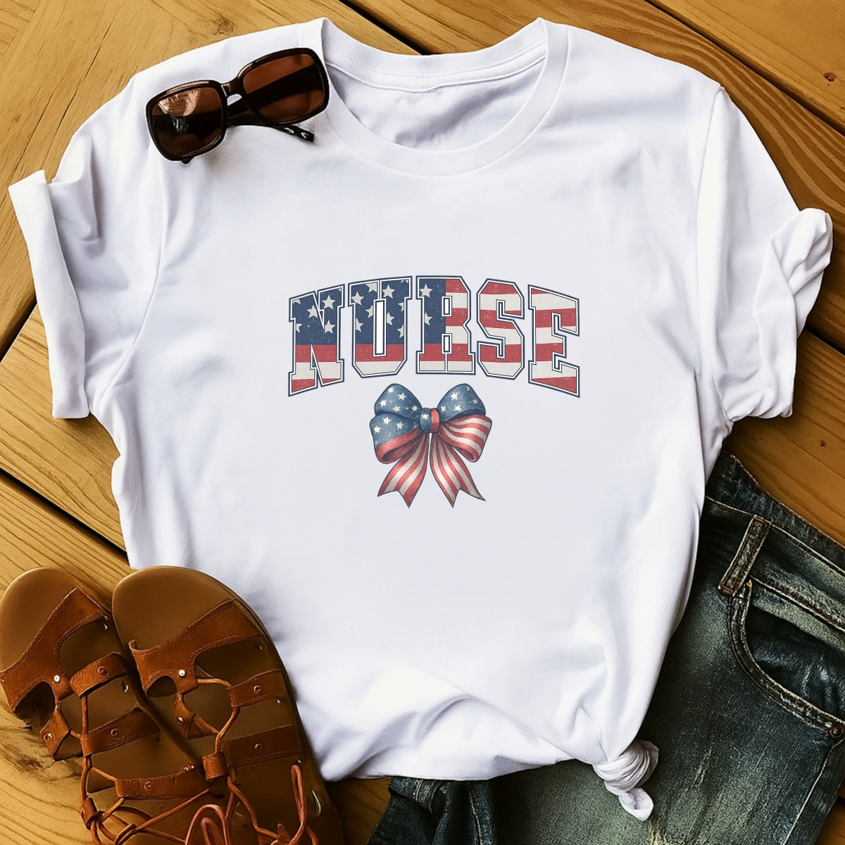 DTF Heat Transfer Iron On Sticker, Patriotic Nurse American Flag Bow Design, for Nurse Apparel and Patriotic Medical Merch