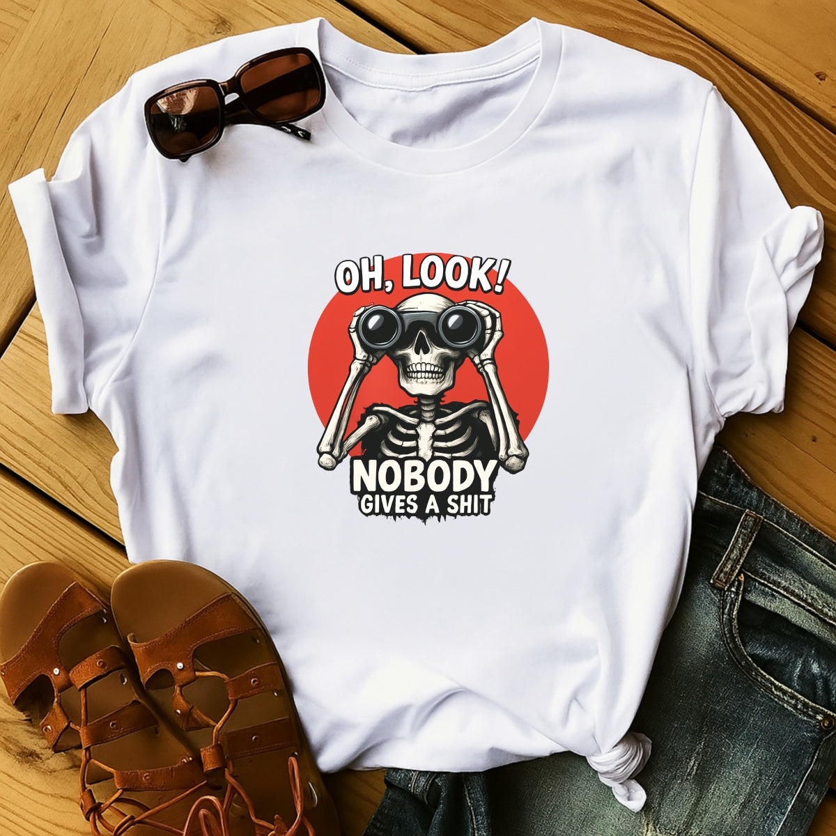 DTF Heat Transfer Iron On Sticker, Sarcastic Skull with Binoculars Graphic, for Edgy Apparel and Humor Driven Merch