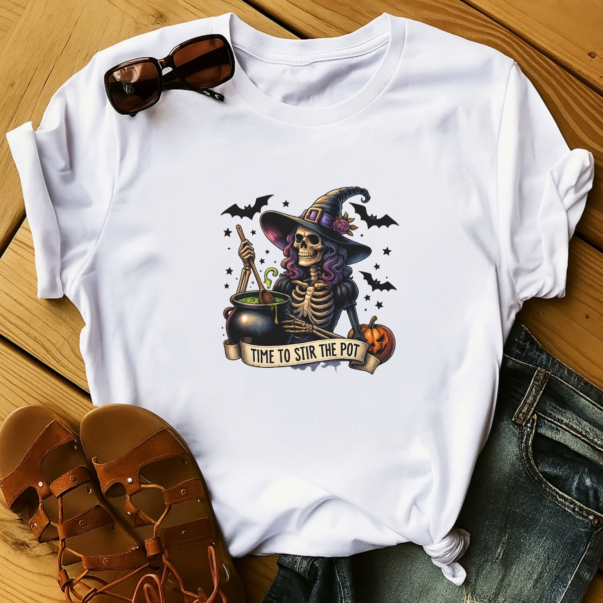 DTF Heat Transfer Iron On Sticker, Halloween Witch Skull Graphic, for Halloween Apparel and Spooky Decor