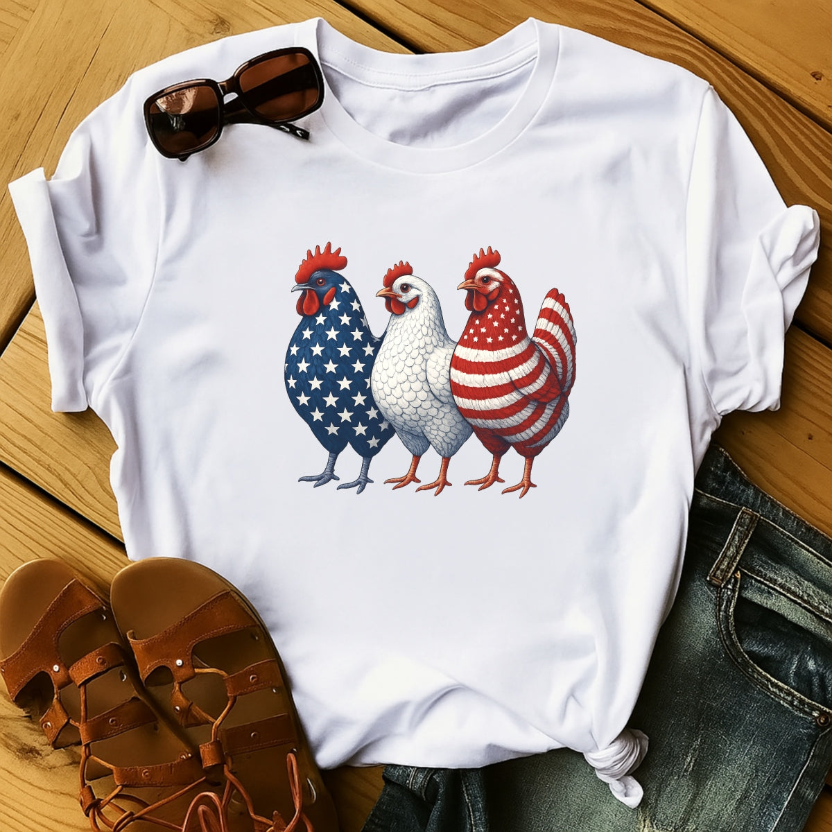 DTF Heat Transfer Iron On Sticker, Patriotic Chicken USA Flag Graphic, for 4th of July Apparel and Independence Day Decor