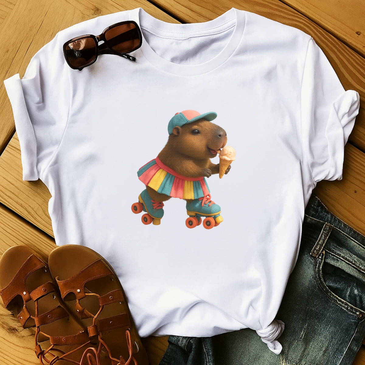 DTF Heat Transfer Iron On Sticker, Cute Capybara With Roller Skates & Ice Cream Graphic, For Fun Loving Apparel And Playful Decor