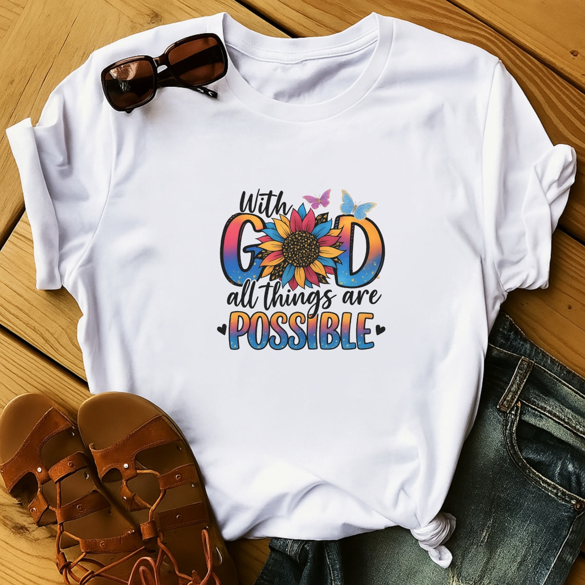 DTF Heat Transfer Iron On Sticker, Inspirational “With God” Sunflower Graphic, for Faith - Based Apparel and Uplifting Decor