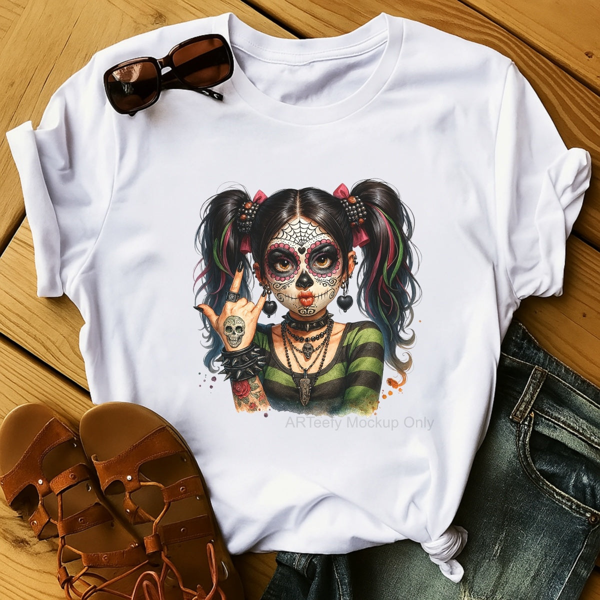 DTF Heat Transfer Iron On Sticker, Halloween Themed Stylish Sugar Skull Girl Elements, For Spooky Season Edgy Apparel and Halloween Party Decor
