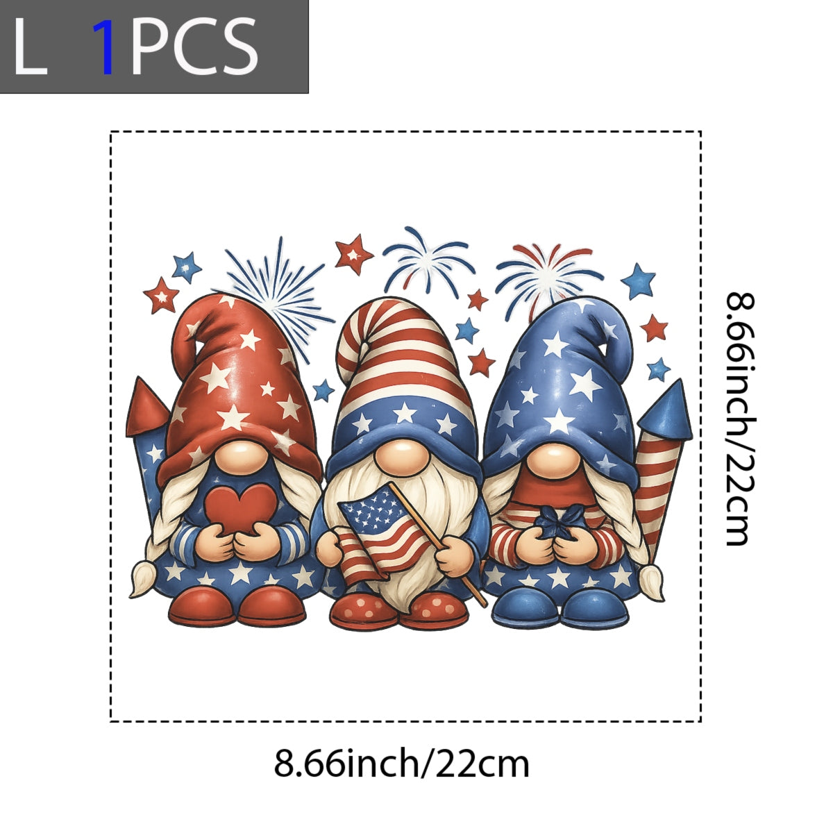 DTF Heat Transfer Iron On Sticker, Patriotic Gnome 4th of July Graphic, for Independence Day Apparel and Celebration Decor