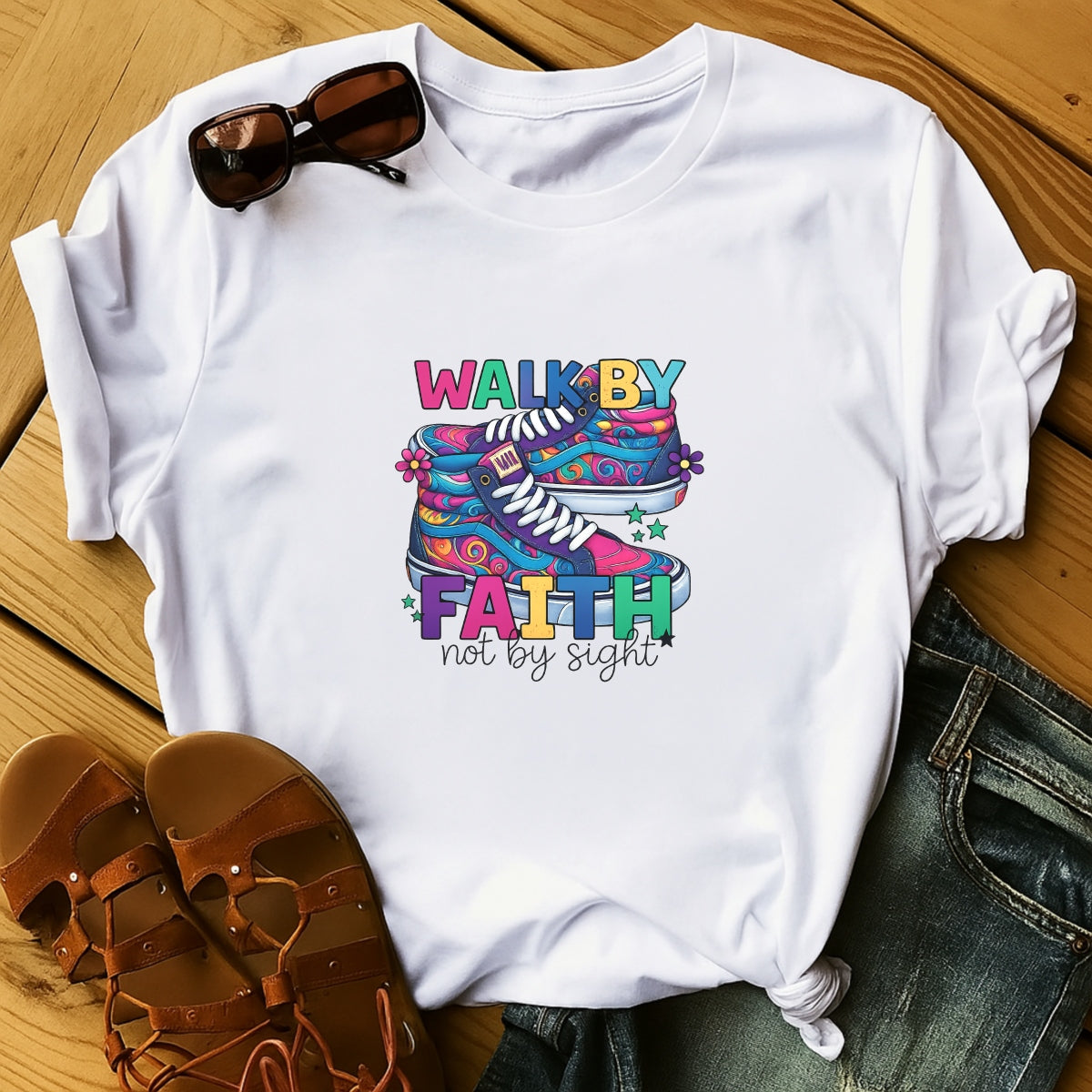 DTF Heat Transfer Iron On Sticker, Groovy Faith - Inspired Sneaker Graphic, for Spiritual Apparel and Fun Decor