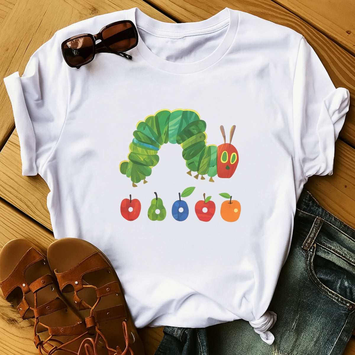 DTF Heat Transfer Iron On Sticker, Iconic Hungry Caterpillar & Fruit Graphic, for Retro Storybook Fashion & Literary Gifts
