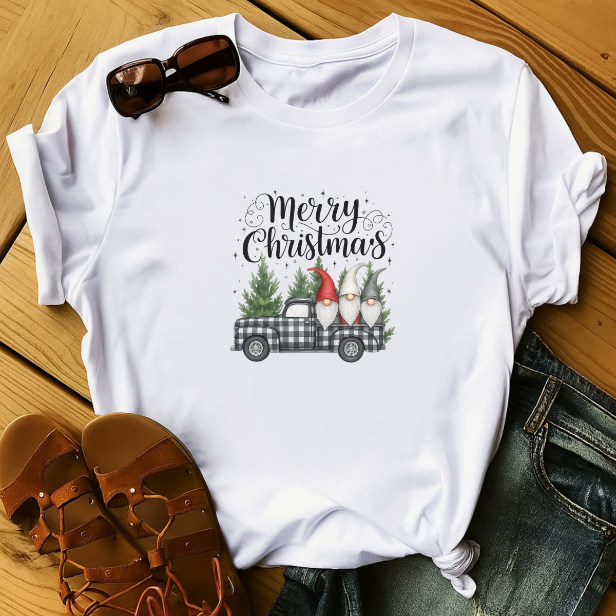 DTF Heat Transfer Transfer Iron On Sticker, Christmas Gnomes & Truck Graphic, for Festive Apparel and Holiday Decor