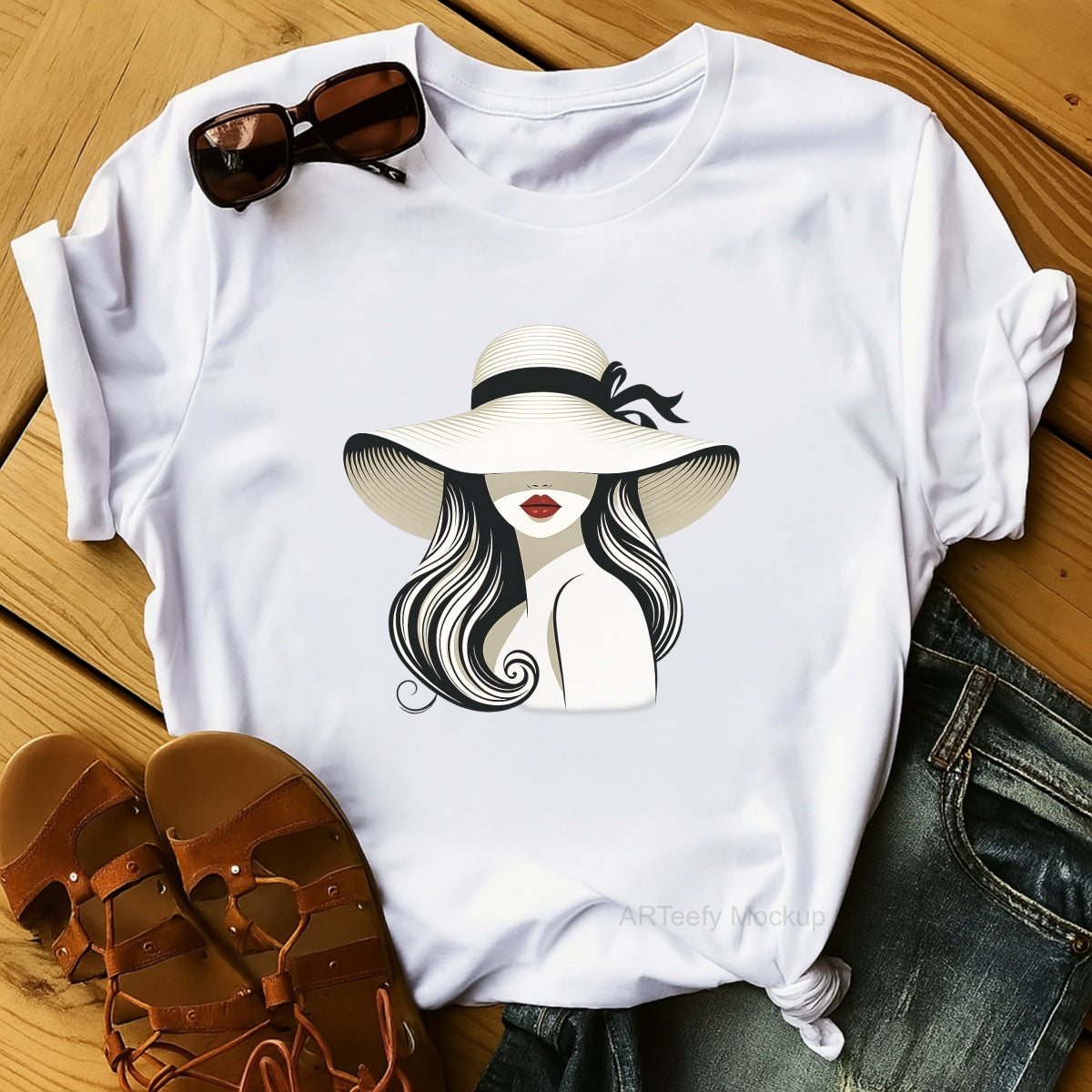 DTF Heat Transfer Iron On Sticker, Stylish Lady With Wide Brimmed Hat Graphic, For Fashion Forward Apparel And Chic Decor