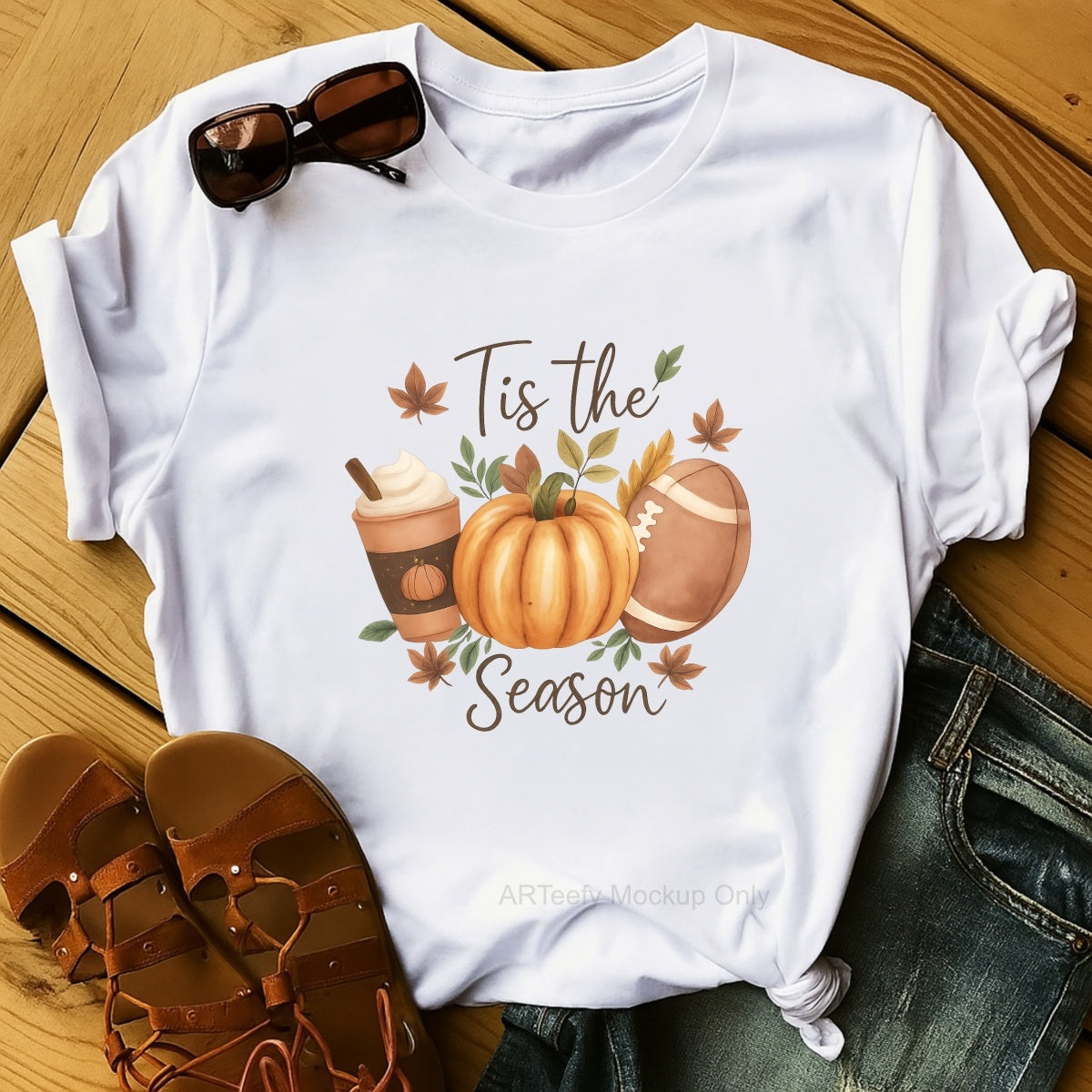 DTF Heat Transfer Iron On Sticker, Autumn Themed Pumpkin, Coffee & Football Elements with Tis the SeasonText, For Fall Inspired Apparel and Seasonal Decor