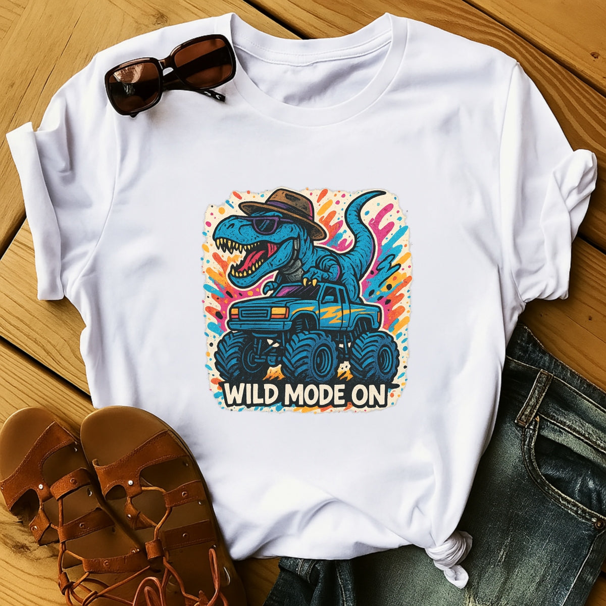 DTF Heat Transfer Iron On Sticker, Colorful Dinosaur Monster Truck Wild Mode Graphic, for Trendy Adventure Apparel and Funky Outdoor Merch