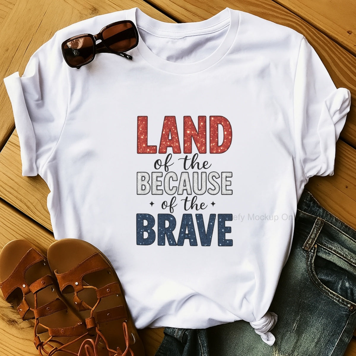 DTF Heat Transfer Iron On Sticker, Patriotic  Themed Land of the Brave Glittery Graphic, For Patriotic Apparel And National Holiday Decor