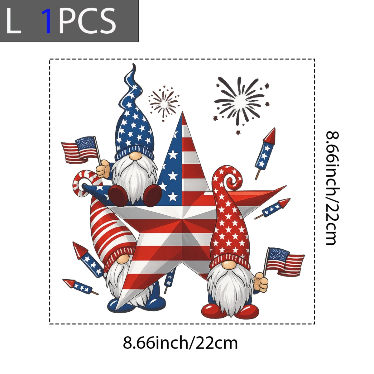DTF Heat Transfer Iron On Sticker, Patriotic Gnome 4th of July Graphic, for Independence Day Apparel and Celebration Decor