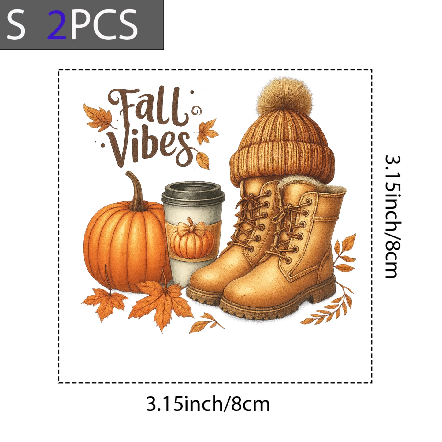 DTF Heat Transfer Iron On Sticker, Fall Vibes with Pumpkin, Boots & Coffee Design, for Autumn, Themed Apparel & Seasonal Decor
