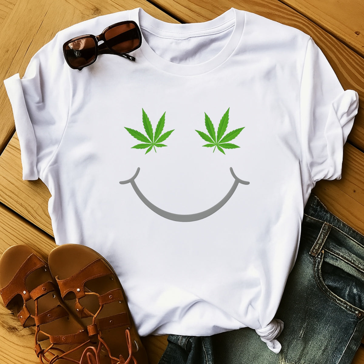 DTF Heat Transfer Iron On Sticker, Smile Face with Green Leaf Graphic, for Trendy Streetwear and Casual Fashion Decor