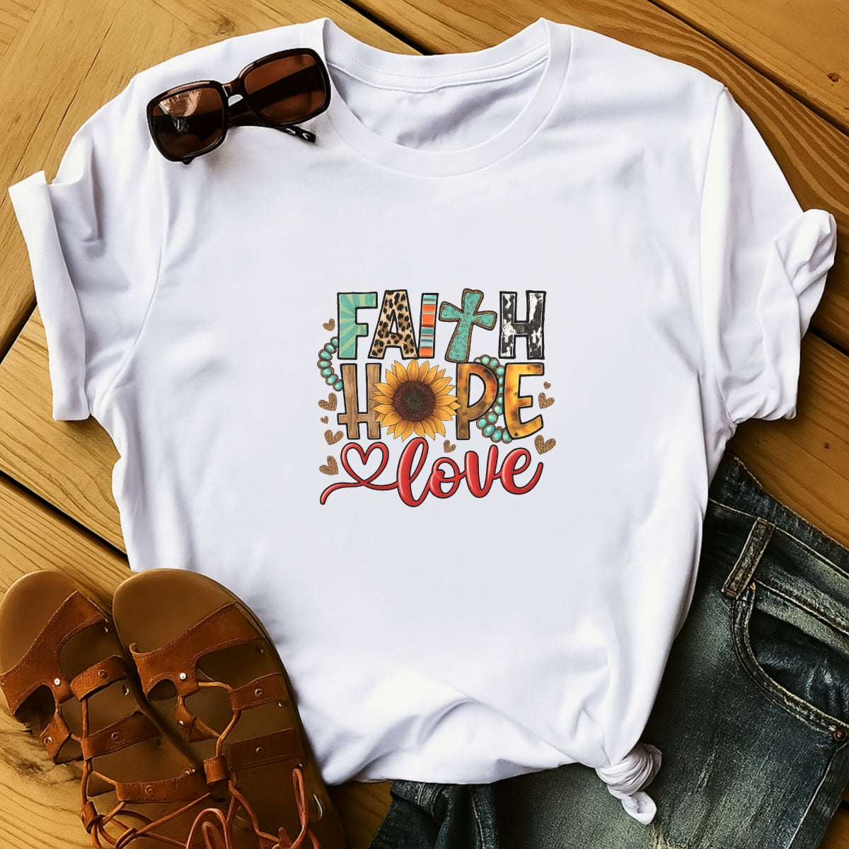 DTF Heat Transfer Iron On Sticker, Boho “Faith Hope Love” Graphic, for Spiritual Apparel and Cozy Decor