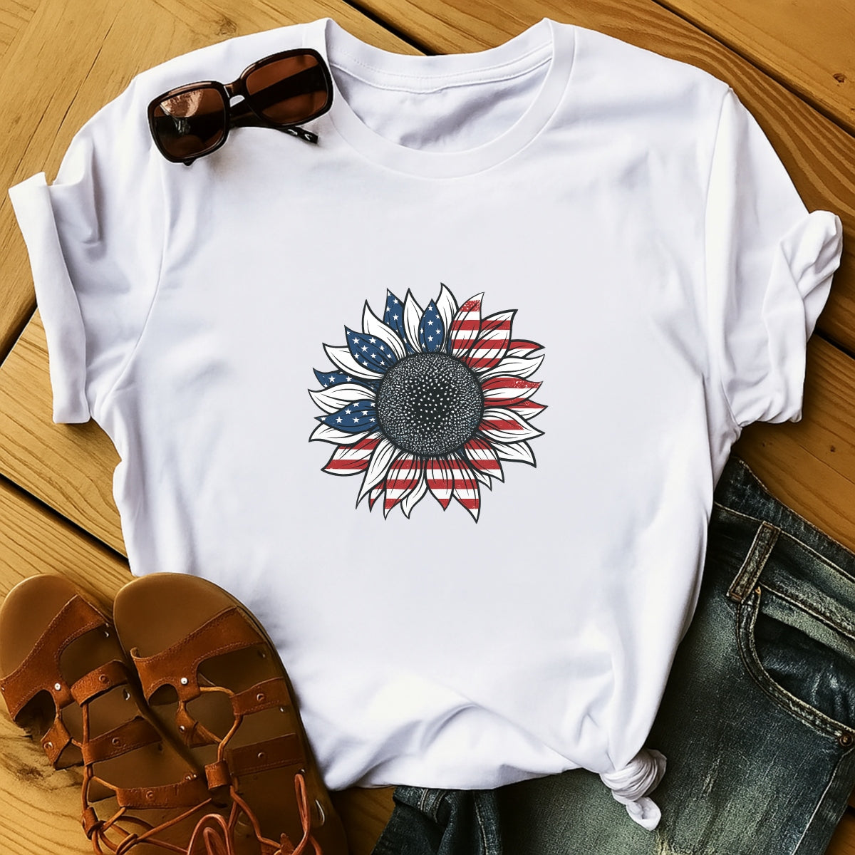 DTF Heat Transfer Iron On Sticker, Patriotic Sunflower with USA Flag Graphic, for American Themed Apparel and Festive Decor