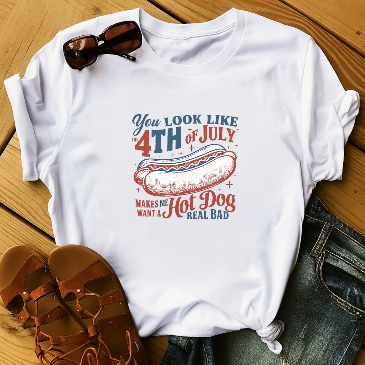 DTF Heat Transfer Iron On Sticker, 4th of July Hot Dog Graphic, for Patriotic Apparel and Independence Day Decor