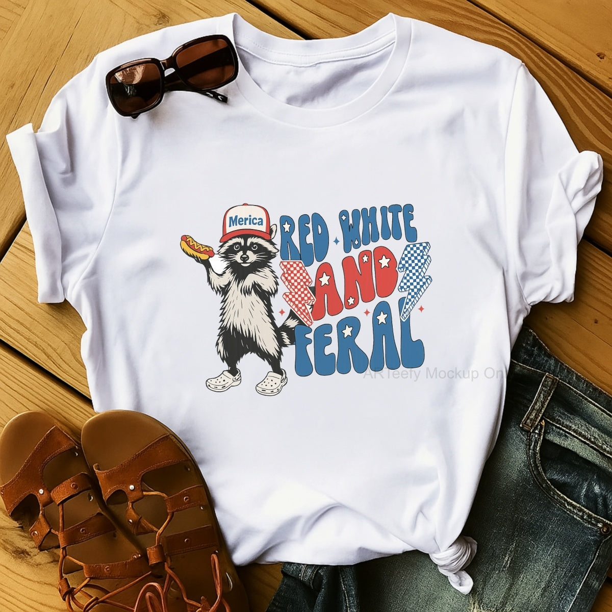 DTF Heat Transfer Transfer Iron On Sticker, Patriotic  Themed Raccoon & Slogan Graphic, For Fourth of July Apparel And Patriotic Party Decor