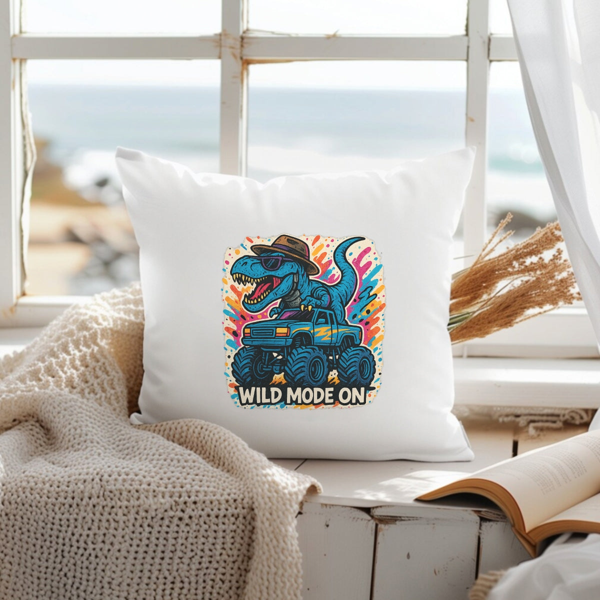 DTF Heat Transfer Iron On Sticker, Colorful Dinosaur Monster Truck Wild Mode Graphic, for Trendy Adventure Apparel and Funky Outdoor Merch