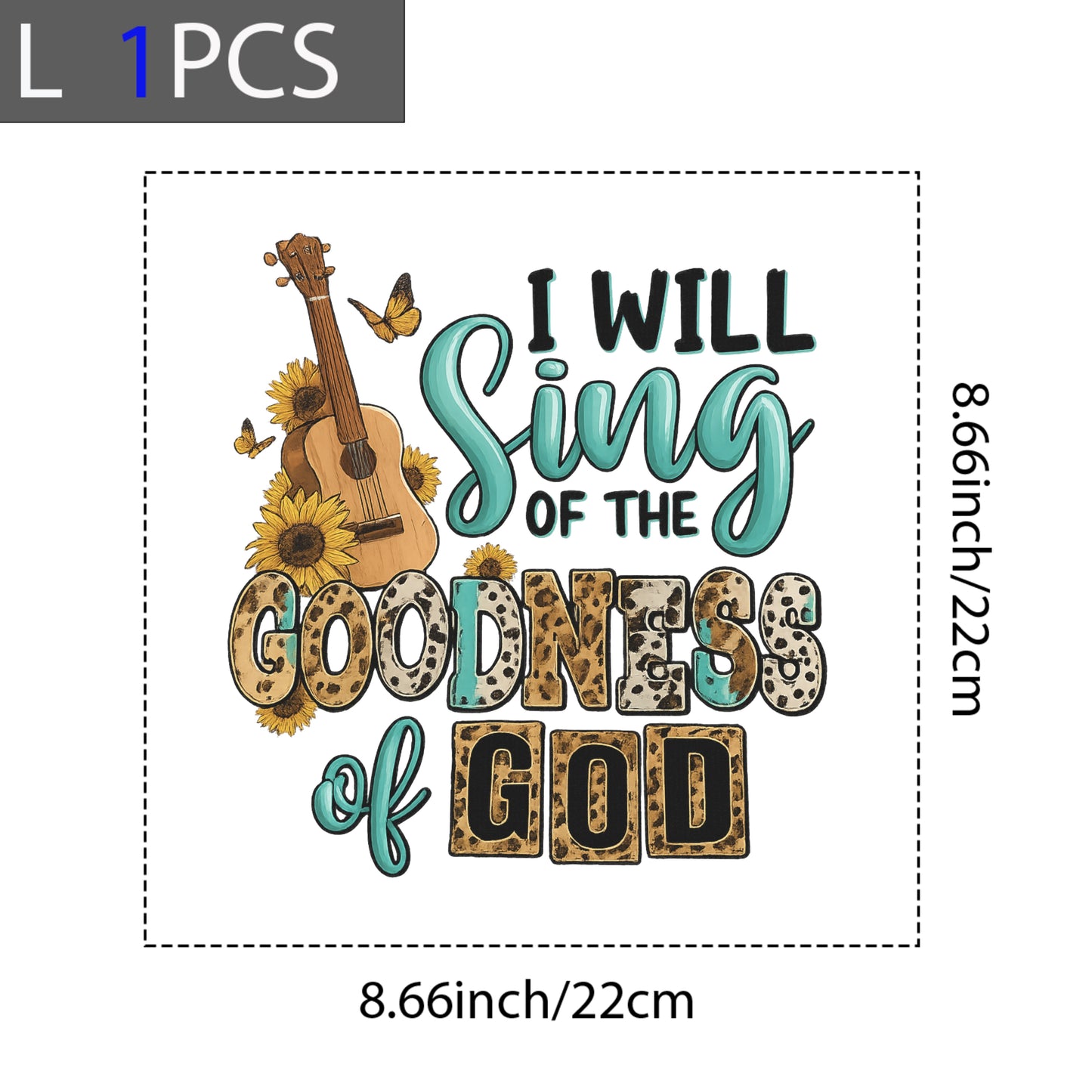 DTF Heat Transfer Iron On Sticker, Christian Praise Design with Guitar, Sunflowers & Butterflies, for Faith, Based Apparel & Worship Merch