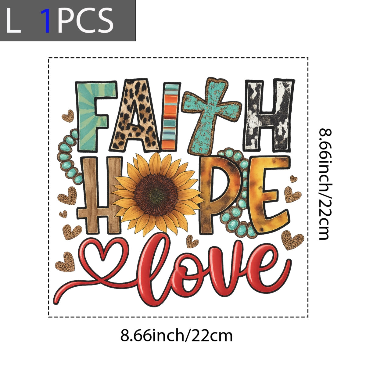 DTF Heat Transfer Iron On Sticker, Boho “Faith Hope Love” Graphic, for Spiritual Apparel and Cozy Decor