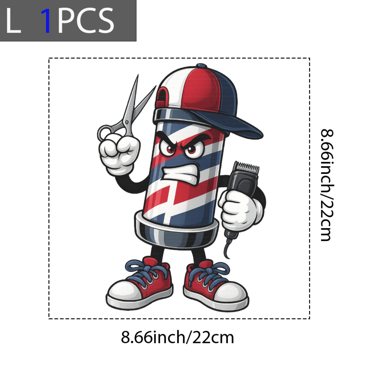 DTF Heat Transfer Iron On Sticker, Barber Pole Cartoon Character Graphic, for Barber Shop Apparel and Hairdresser Merch