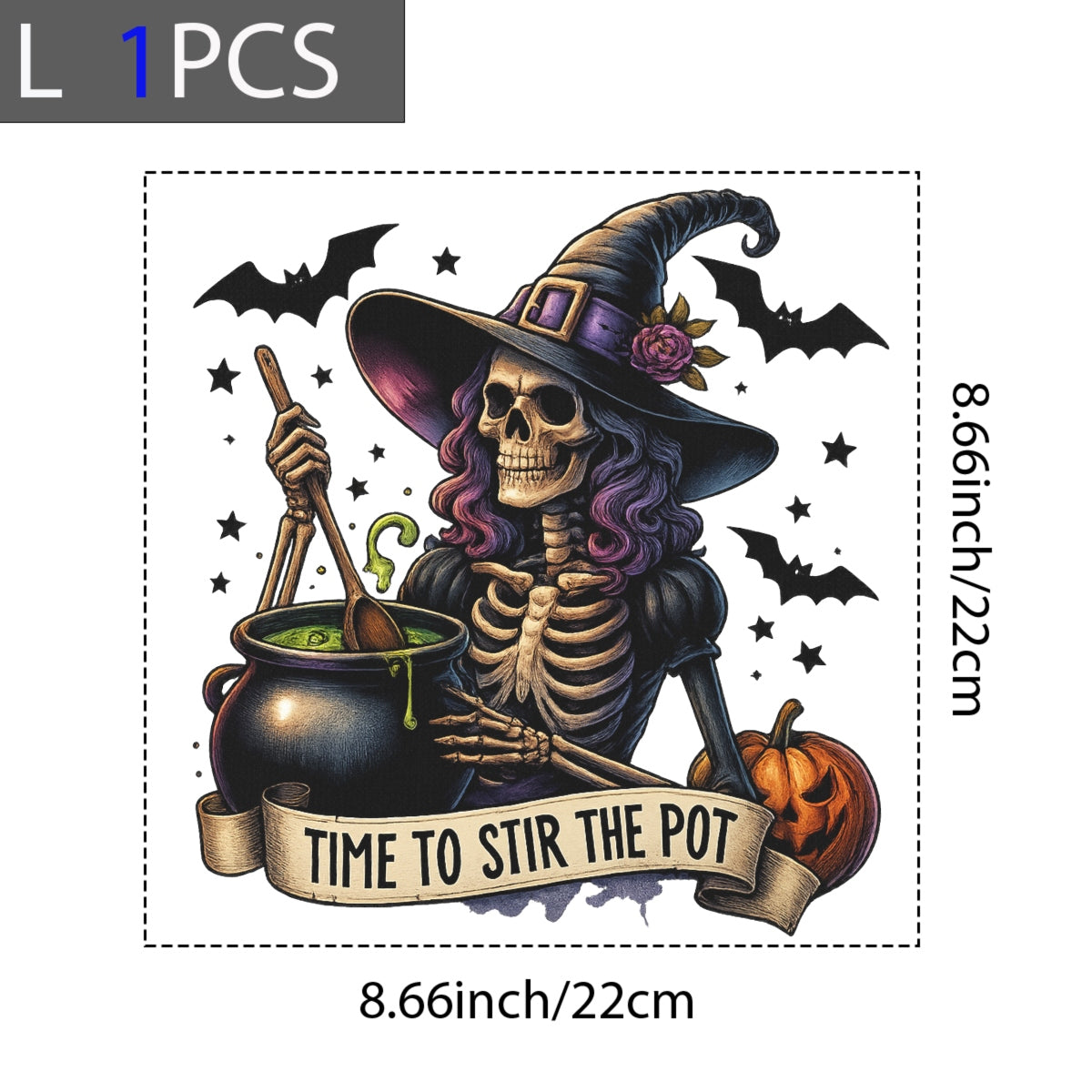 DTF Heat Transfer Iron On Sticker, Halloween Witch Skull Graphic, for Halloween Apparel and Spooky Decor