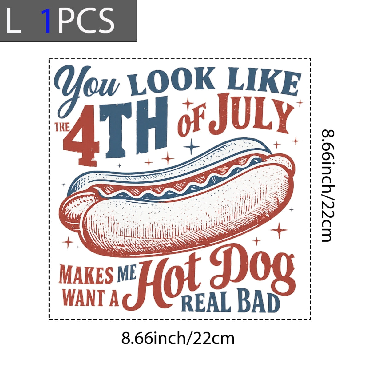 DTF Heat Transfer Iron On Sticker, 4th of July Hot Dog Graphic, for Patriotic Apparel and Independence Day Decor