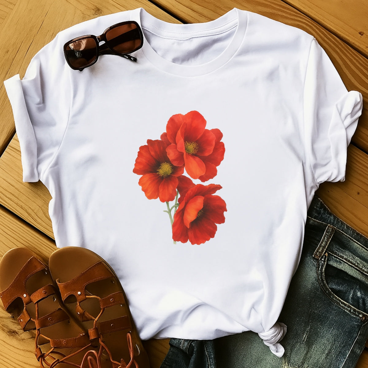 DTF Heat Transfer Iron On Sticker, Watercolor Red Poppy Flower Bouquet, for Floral - Inspired Apparel & Nature - Lover Gifts