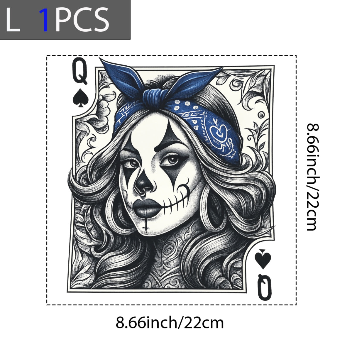 DTF Heat Transfer Iron On Sticker, Tattoo Style Queen Of Spades Graphic, For Edgy Apparel And Tattoo Art Decor