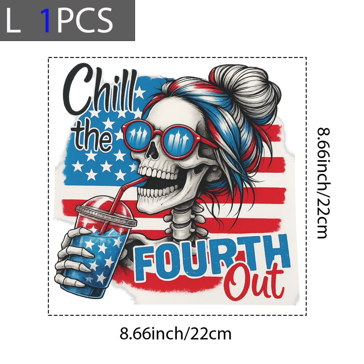 DTF Heat Transfer Iron On Sticker, Patriotic Skull Fourth of July Graphic, for Independence Day Apparel and Summer Celebration Merch