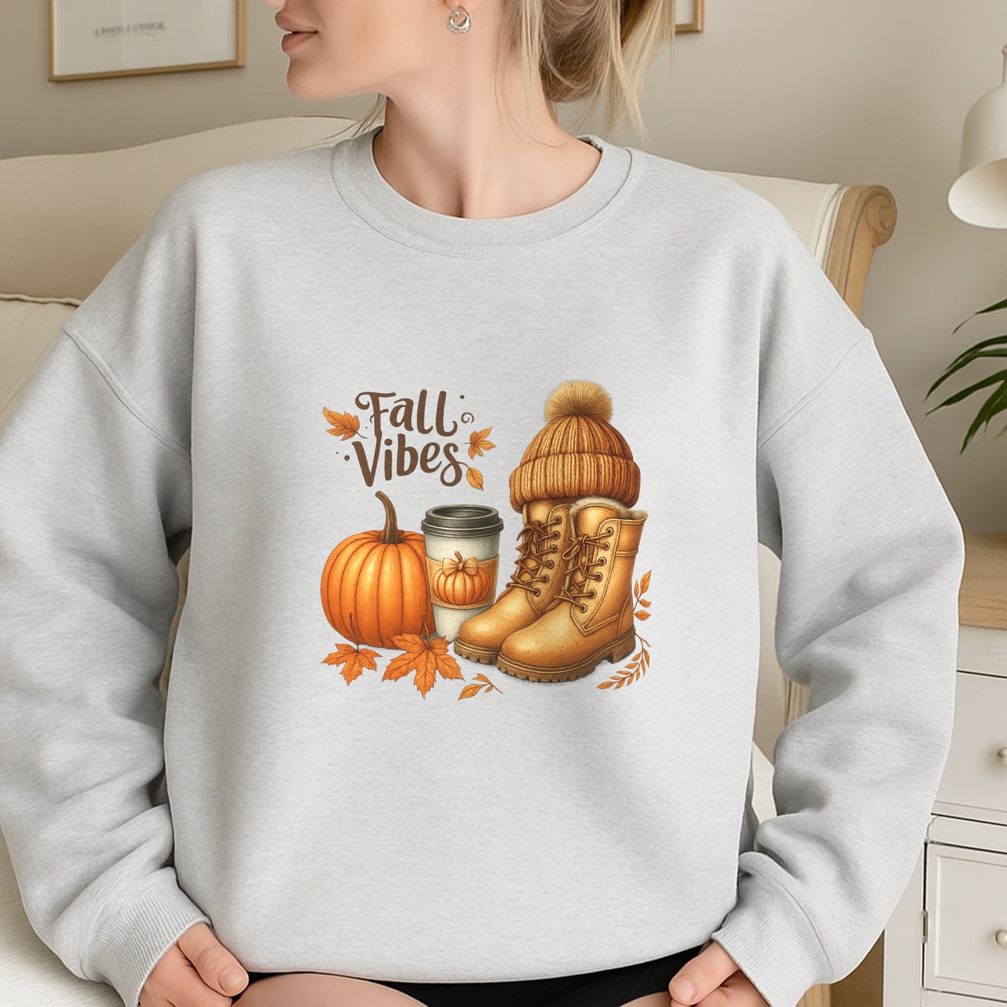 DTF Heat Transfer Iron On Sticker, Fall Vibes with Pumpkin, Boots & Coffee Design, for Autumn, Themed Apparel & Seasonal Decor