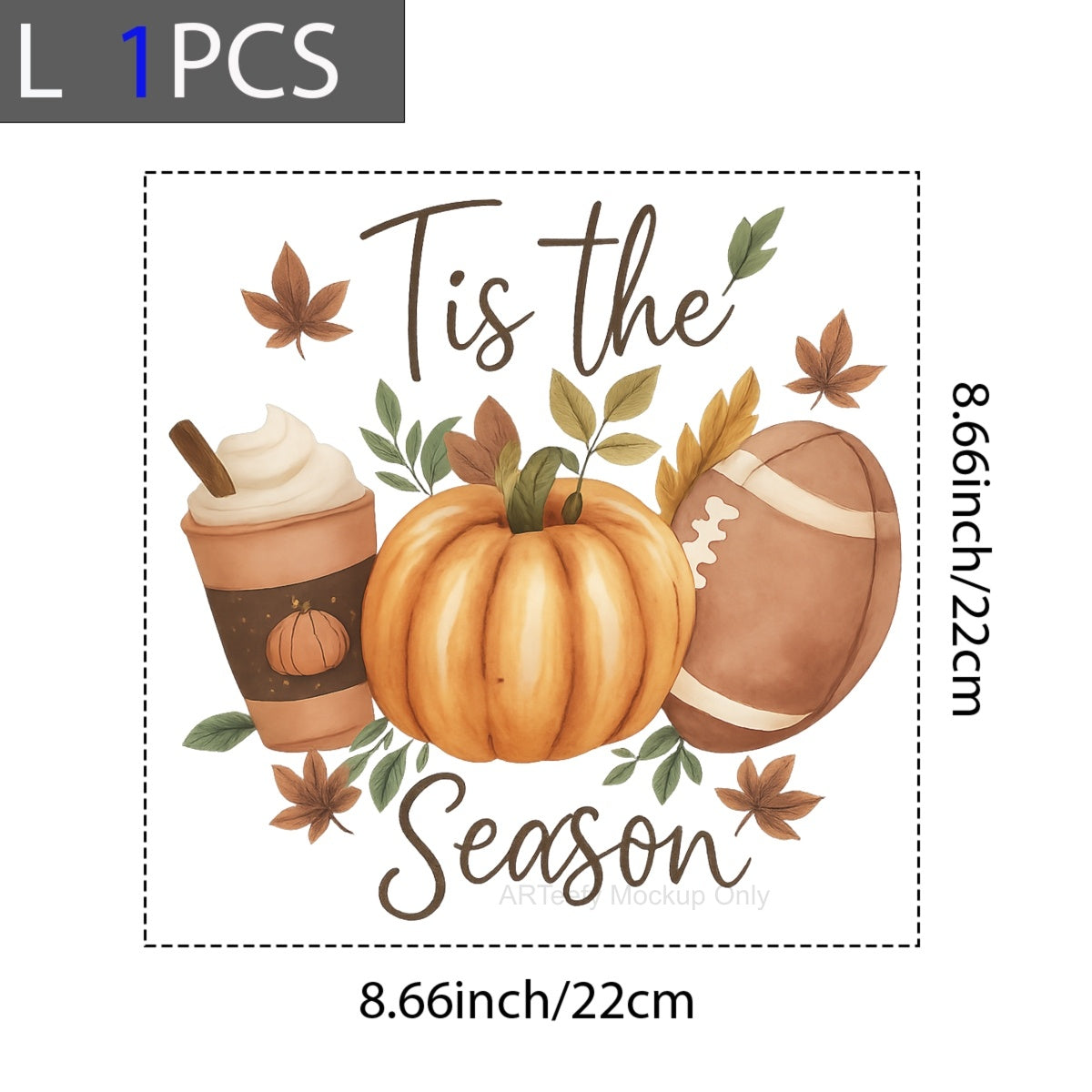 DTF Heat Transfer Iron On Sticker, Autumn Themed Pumpkin, Coffee & Football Elements with Tis the SeasonText, For Fall Inspired Apparel and Seasonal Decor