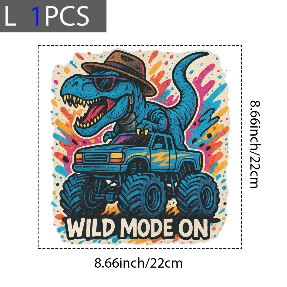 DTF Heat Transfer Iron On Sticker, Colorful Dinosaur Monster Truck Wild Mode Graphic, for Trendy Adventure Apparel and Funky Outdoor Merch