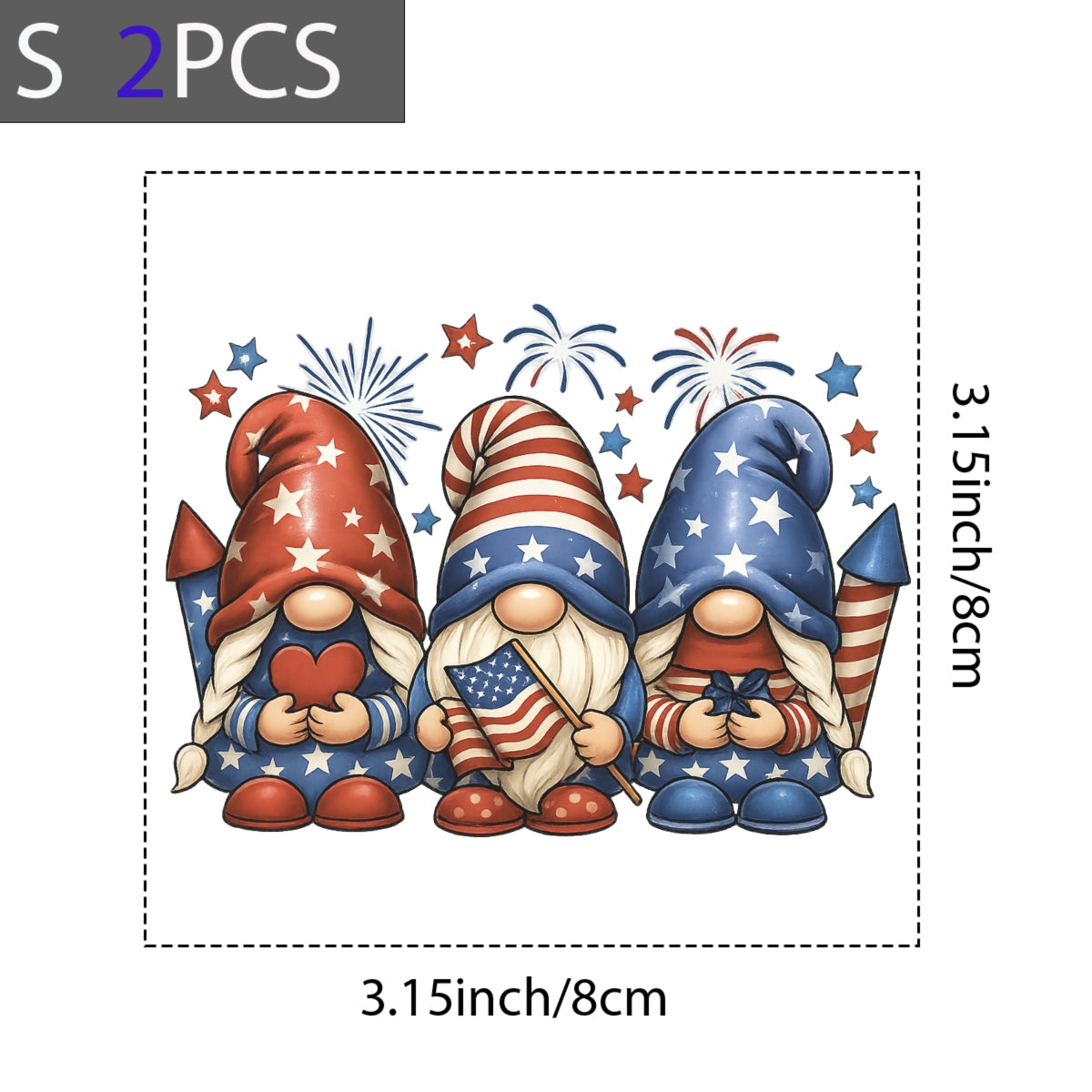DTF Heat Transfer Iron On Sticker, Patriotic Gnome 4th of July Graphic, for Independence Day Apparel and Celebration Decor