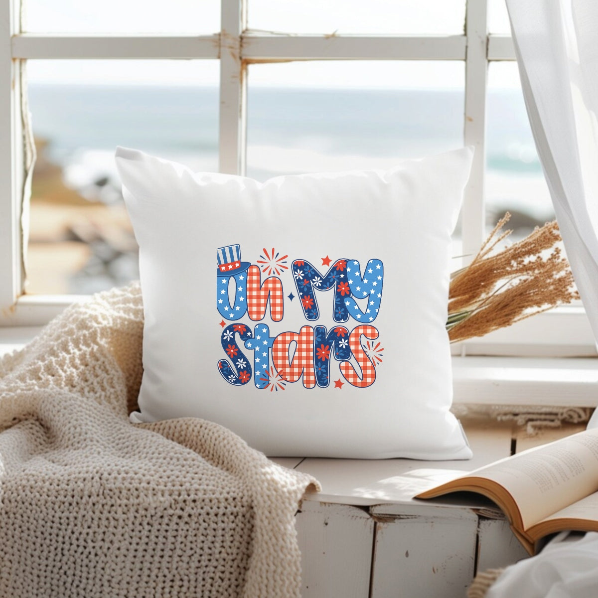 DTF Heat Transfer Iron On Sticker, Patriotic Oh My Stars Graphic, for 4th of July Apparel and Independence Day Decor