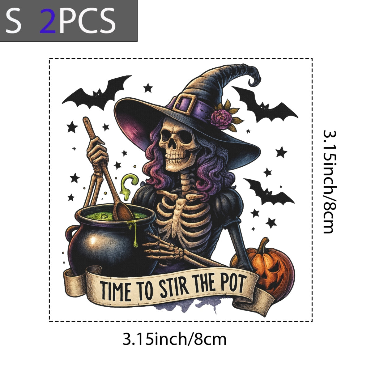 DTF Heat Transfer Iron On Sticker, Halloween Witch Skull Graphic, for Halloween Apparel and Spooky Decor