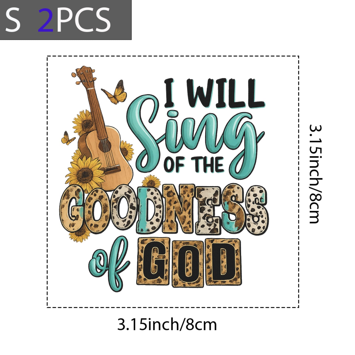DTF Heat Transfer Iron On Sticker, Christian Praise Design with Guitar, Sunflowers & Butterflies, for Faith, Based Apparel & Worship Merch