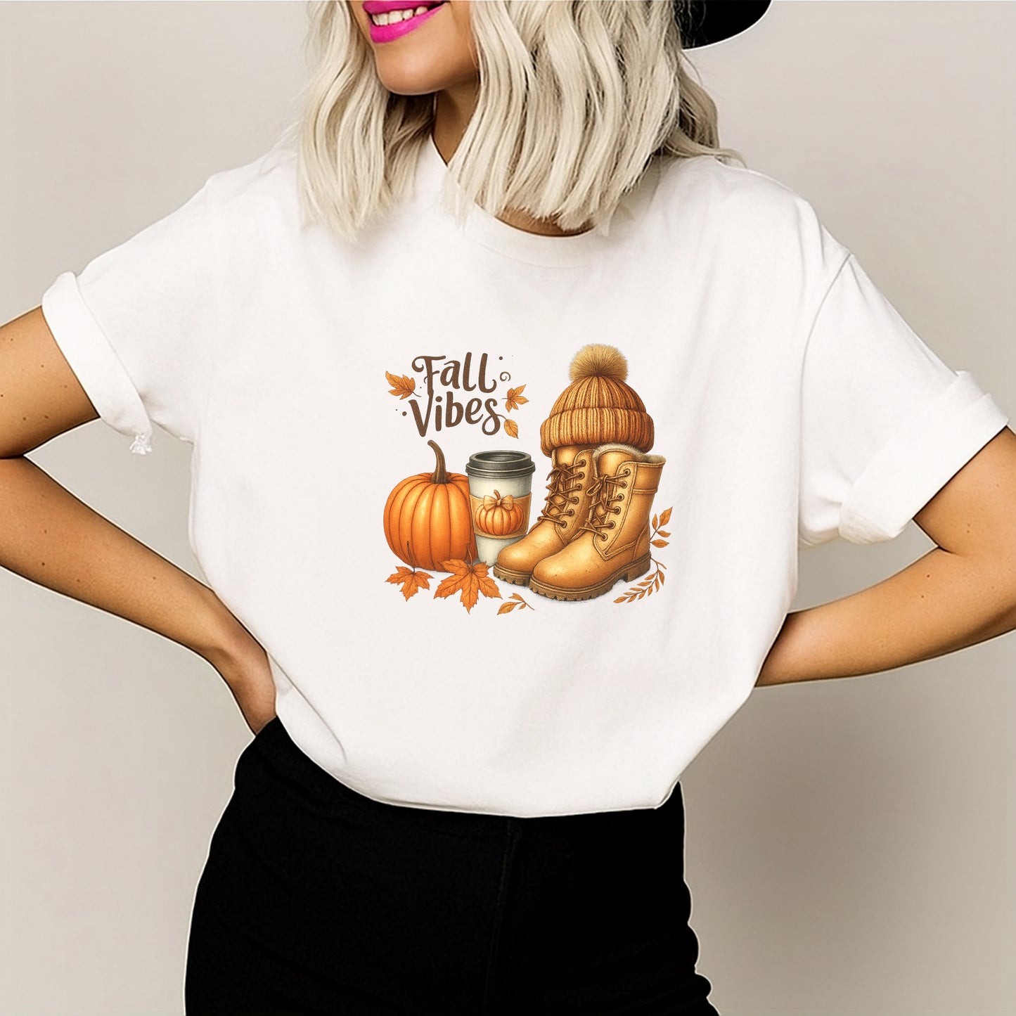 DTF Heat Transfer Iron On Sticker, Fall Vibes with Pumpkin, Boots & Coffee Design, for Autumn, Themed Apparel & Seasonal Decor