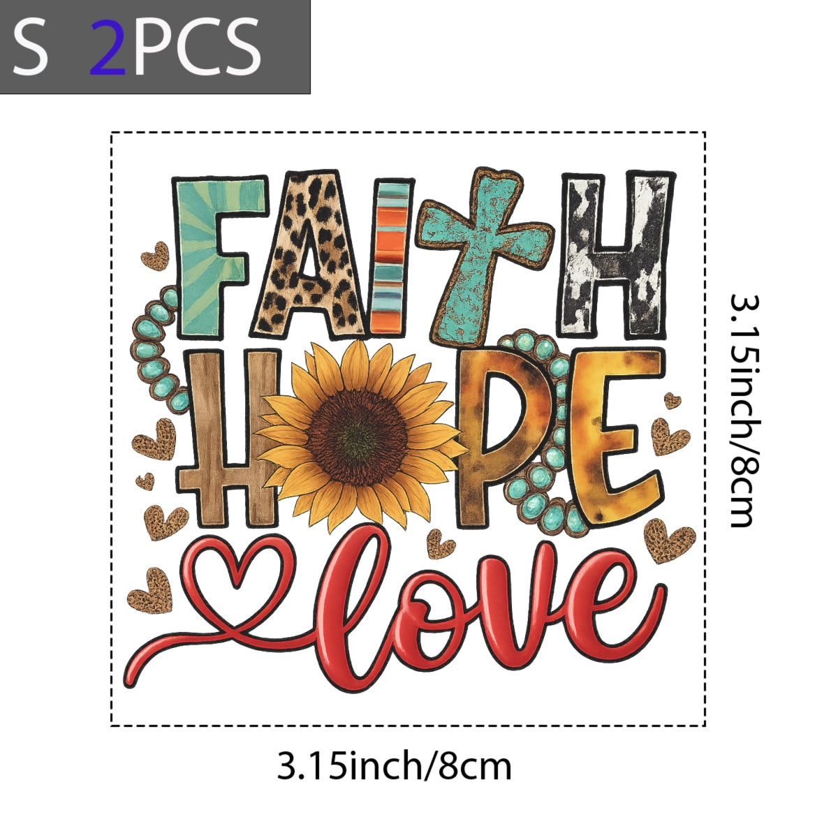 DTF Heat Transfer Iron On Sticker, Boho “Faith Hope Love” Graphic, for Spiritual Apparel and Cozy Decor