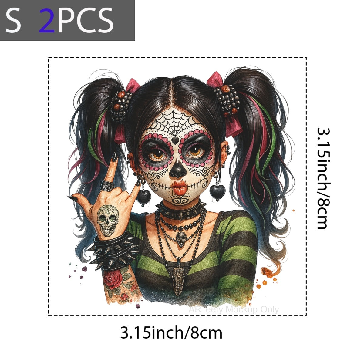 DTF Heat Transfer Iron On Sticker, Halloween Themed Stylish Sugar Skull Girl Elements, For Spooky Season Edgy Apparel and Halloween Party Decor