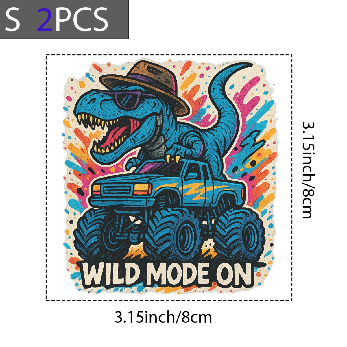 DTF Heat Transfer Iron On Sticker, Colorful Dinosaur Monster Truck Wild Mode Graphic, for Trendy Adventure Apparel and Funky Outdoor Merch