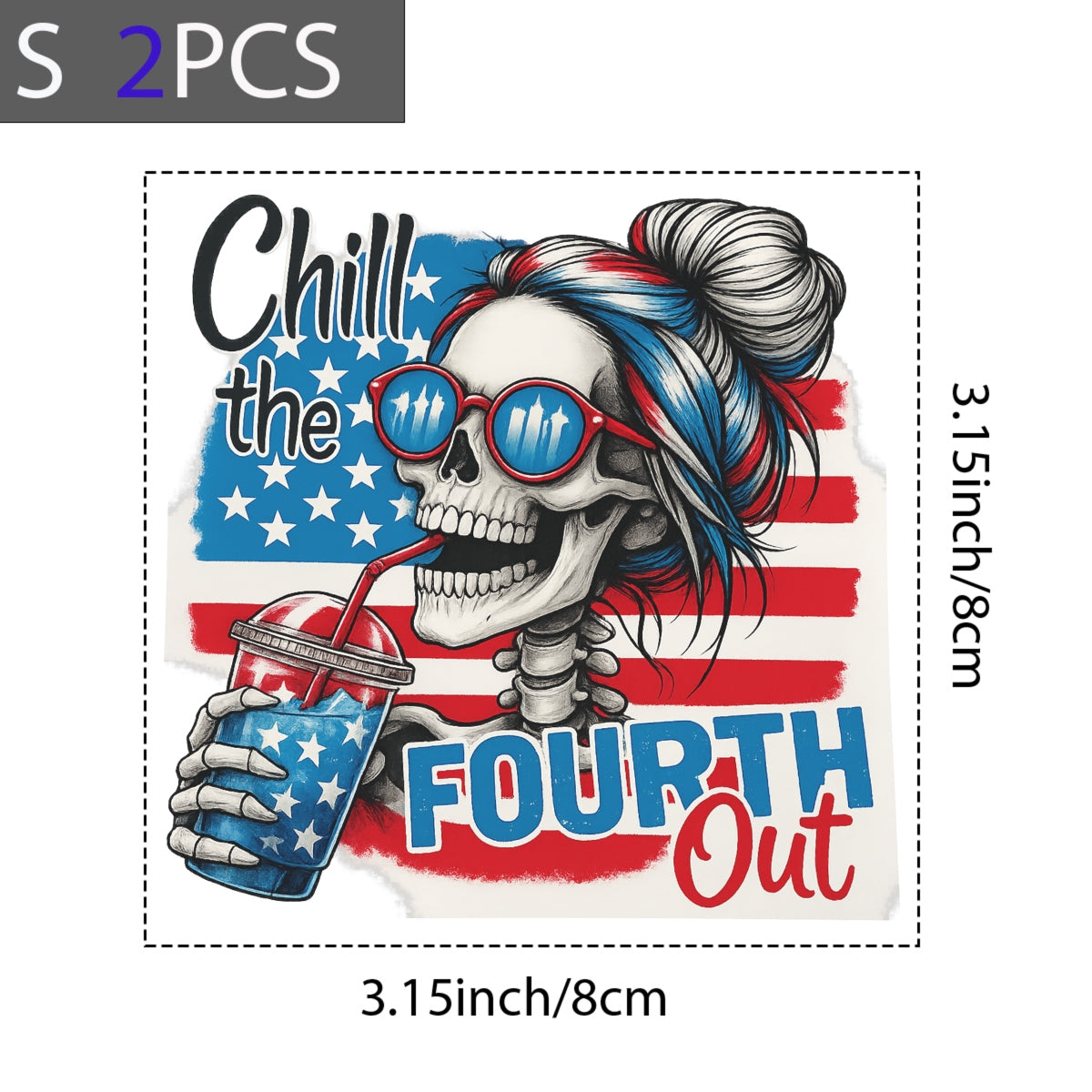 DTF Heat Transfer Iron On Sticker, Patriotic Skull Fourth of July Graphic, for Independence Day Apparel and Summer Celebration Merch