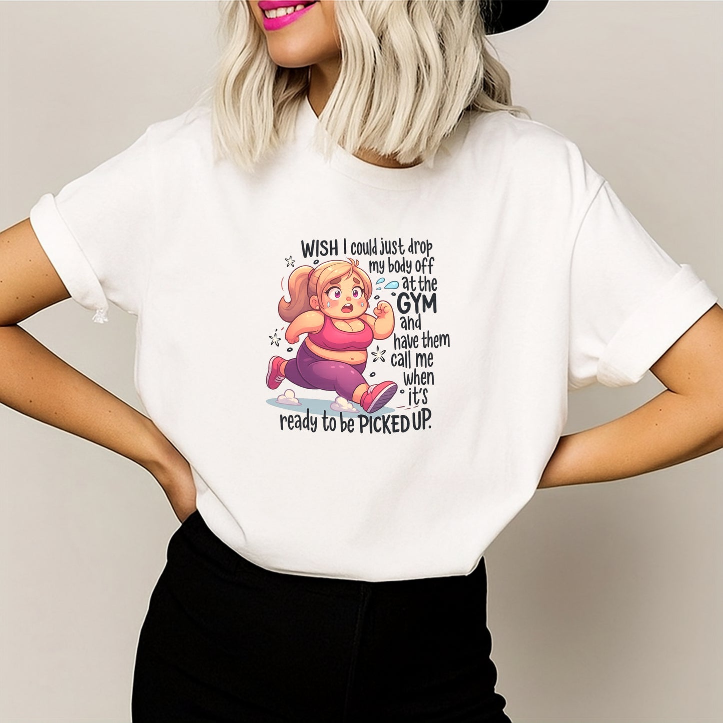 DTF Heat Transfer Iron On Sticker, Funny Gym Workout Cartoon with Relatable Quote, for Fitness, Humor Apparel